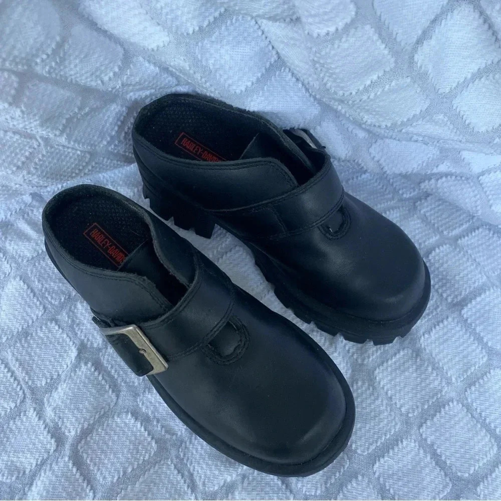 Vintage Harley Davidson Black Leather Chunky Buckle Slip On Platform Shoes 5.5 - Picture 8 of 10